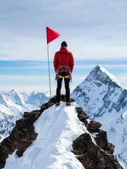 Climber celebrating on snowy mountain peak with arms outstretched.