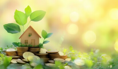 Wall Mural - a small house model with green leaves and a stack of gold coins beside it on a sunny day, financial 