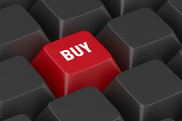 Poster - Red push button with text buy. 3D illustration