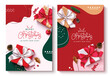 © ZeinousGDS - Christmas greeting vector poster set design. Merry christmas greeting text in colorful printed background with gift box, holly berry and spruce leaves elements. Vector illustration invitation card