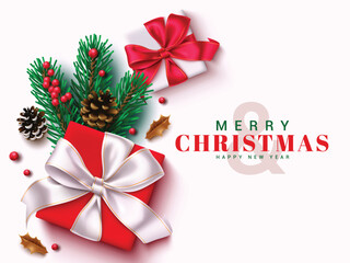Wall Mural - Christmas greeting vector card design. Merry christmas greeting text with gift box, pine tree leaves, holly berry and spruce elements in minimal white background. Vector illustration holiday season 