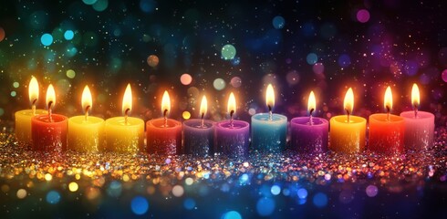 A background of colorful birthday candles with glittering lights and bokeh effects. The candles create an enchanting atmosphere, perfect for festive celebrations or special events 