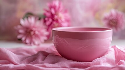 Create 5 prompts for stock photos related to A pink bowl sits on a pink cloth with a pink flower in the background with 100-200 characters and ending with