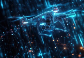 Wall Mural - a futuristic drone with patterns and visualization lines flying in the air with a camera, wireframe 