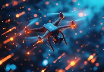 Wall Mural - a futuristic drone with patterns and visualization lines flying in the air with a camera, wireframe 
