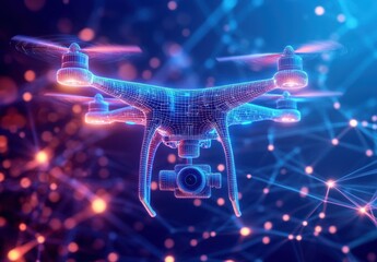 Wall Mural - a futuristic drone with patterns and visualization lines flying in the air with a camera, wireframe 