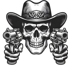 Skull aiming with two revolvers, Vintage human skull concept, A black and white drawing of a skull with a black outline