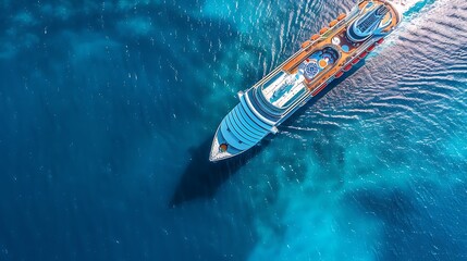 Aerial view of modern large white cruise ship liner with colorful deck against clear blue sea top view from drone of floating passenger liner