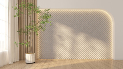 Empty room decorated with gray pattern wall and and wood slat wall, indoor plant and wood floor. 3d rendering