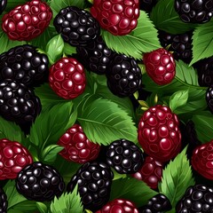 Seamless pattern of vibrant blackberries and cranberries with green leaves