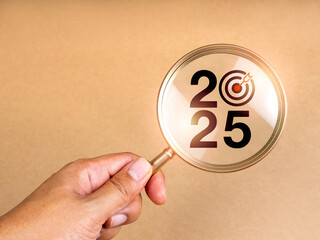 Poster - happy new year 2025 with business trends and market concept. 2025 calendar number with target icon i