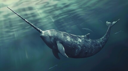 Amazing narwhal moving elegantly in the sea