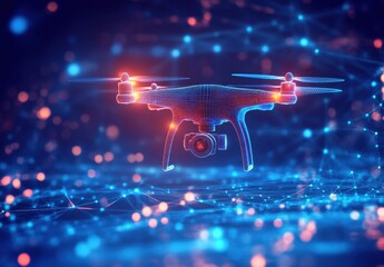 Wall Mural - a futuristic drone with patterns and visualization lines flying in the air with a camera, wireframe 