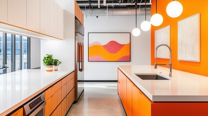 Sticker - Modern Kitchen with Orange Cabinets and Artwork.