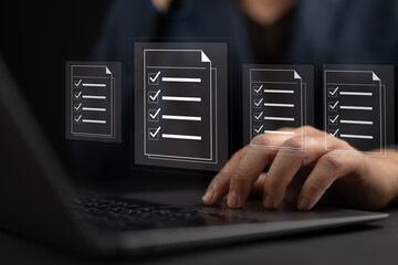 Poster - Compliance rules and law regulation policy on virtual screen, documents with checkbox lists