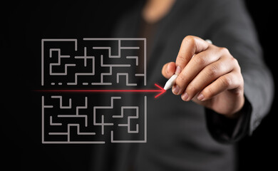 simple easy fast solution concept, problem solving, business man thinking about exit from complex labyrinth maze