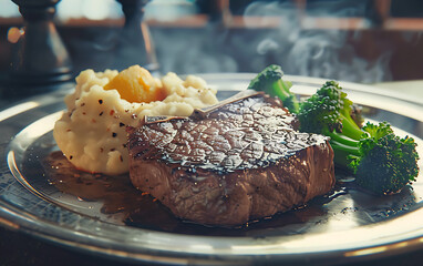 Wall Mural - Grilled steak with mashed potatoes and vegetables on plate, closeup