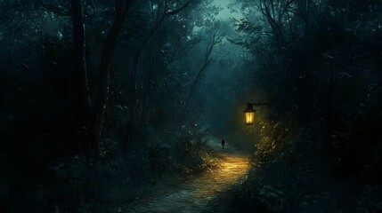 Poster - Solitary Lantern Guiding Through the Mysterious Forest Path