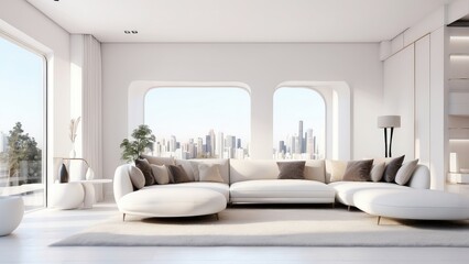 panoramic 3D render of a contemporary white apartment interior