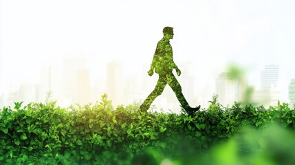 Eco concept with greenery, city, and a walking man silhouette on a white background.