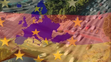 Poster - Map of Europe and stars animation over busy city traffic