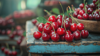 Wall Mural - Bunch of cherries in a wooden box 