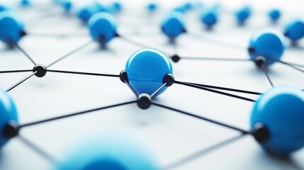 3D network concept with blue spheres connected by black lines on a white background