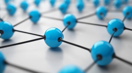 3D network concept with blue spheres connected by black lines on a white background