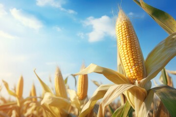 Corn plantation field with blue sky in sunny summer day. Corn cultivation. Cereal plant, animal feed. Farming and agricultural industry concept