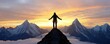 © Ai-Pixel - A person stands triumphantly on a mountain peak, surrounded by stunning peaks and a vibrant sunset, symbolizing adventure and achievement.
