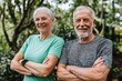 © AI Farm - Happy elderly couple standing together outdoors, showcasing fitness and healthy lifestyle in a vibrant green environment.