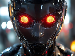 Close-Up of a Realistic Black Robot Head with Red LED Eyes - 3D Render