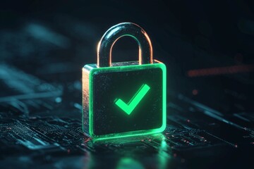 A padlock icon with a glowing green checkmark, symbolizing successful cybersecurity verification 