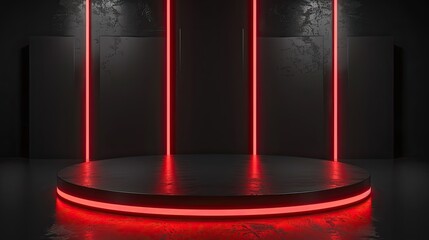 3d render, black background with red light lines and podium for product presentation,