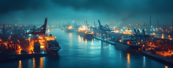 Nighttime Cargo Port Illustration with Container Ships and Cranes