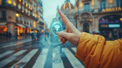 Poster - Hand interacts with a futuristic digital interface against a blurred backdrop of a city street, showcasing modern technology and connectivity.