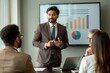 © N7 - An Indian Chief Financial Officer (CFO) presenting a financial performance review to stakeholders or a board.