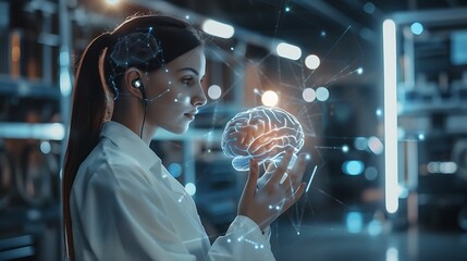 Poster - Woman holds a hologram of a brain in her hands, surrounded by a network of lines. The image represents the concept of AI and the future of technology.
