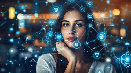 Poster - Woman Thinks deeply as digital network icons surround her symbolizing the vastness of the online world.