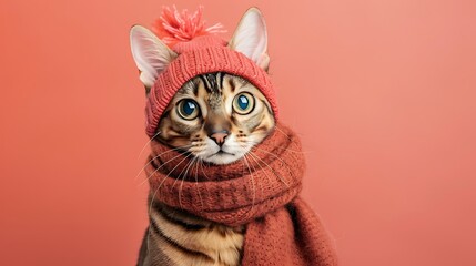 Wall Mural - Bengal cat in clothes on a salmon background with a hat and scarf