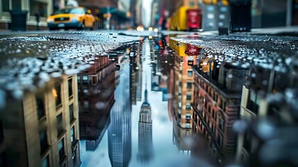 Wall Mural - Big city streets with towers reflected in puddles