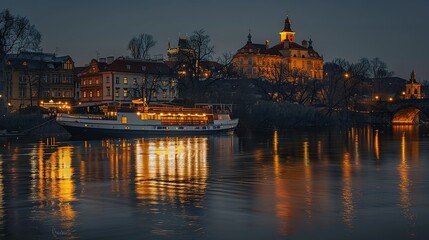 Boat Docked at Dusk on a City River with Reflections