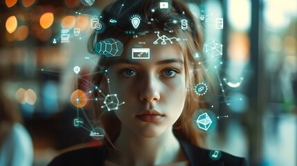 Poster - Woman with Technology Icons Surrounding Her Head