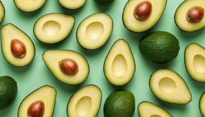 Closeup of avocado halves and whole avocados on a green backgrou