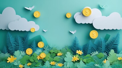 Wall Mural - A paper collage of a forest with a bunch of coins scattered around