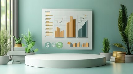 Wall Mural - A white pedestal with a large green and yellow graph on it