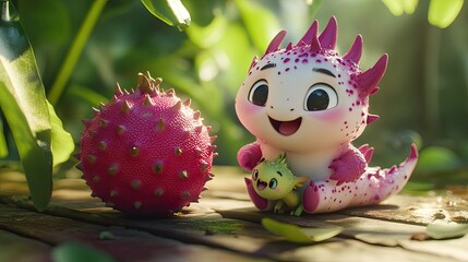 Poster - Cartoon dragonfruit with a playful expression, holding a small dragon plushie.