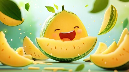 Sticker - A giggling cartoon honeydew melon, surrounded by slices of itself.