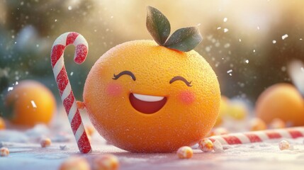 Sticker - A smiling cartoon satsuma with a happy face, holding a candy cane.