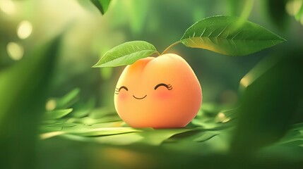 Sticker - Adorable cartoon peach, shyly hiding its smile behind a leaf